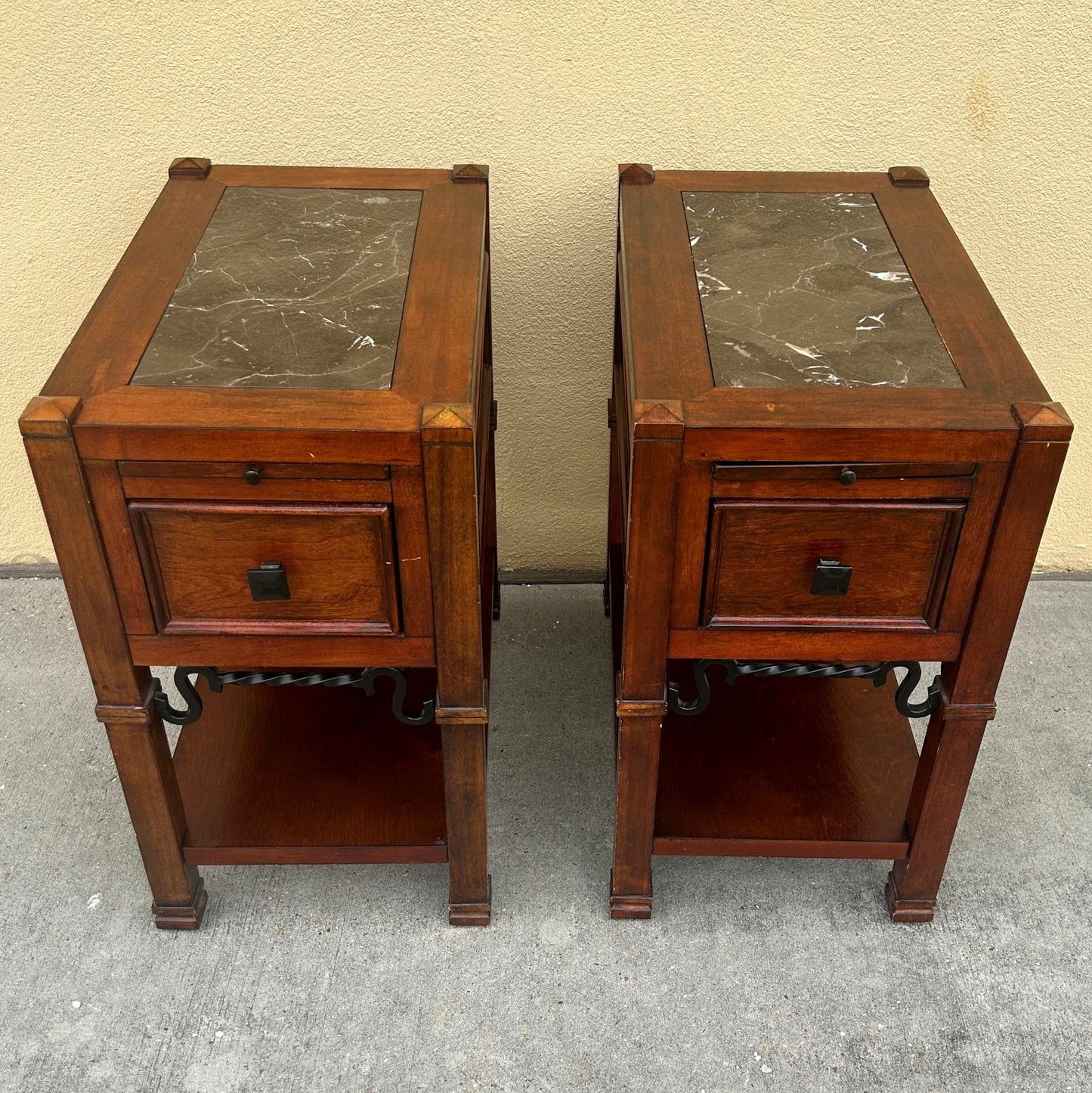 Pair Of Mission Style Marble Top Side Tables