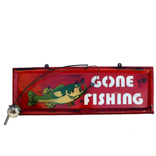 METAL YARD ART GONE FISHING SIGN