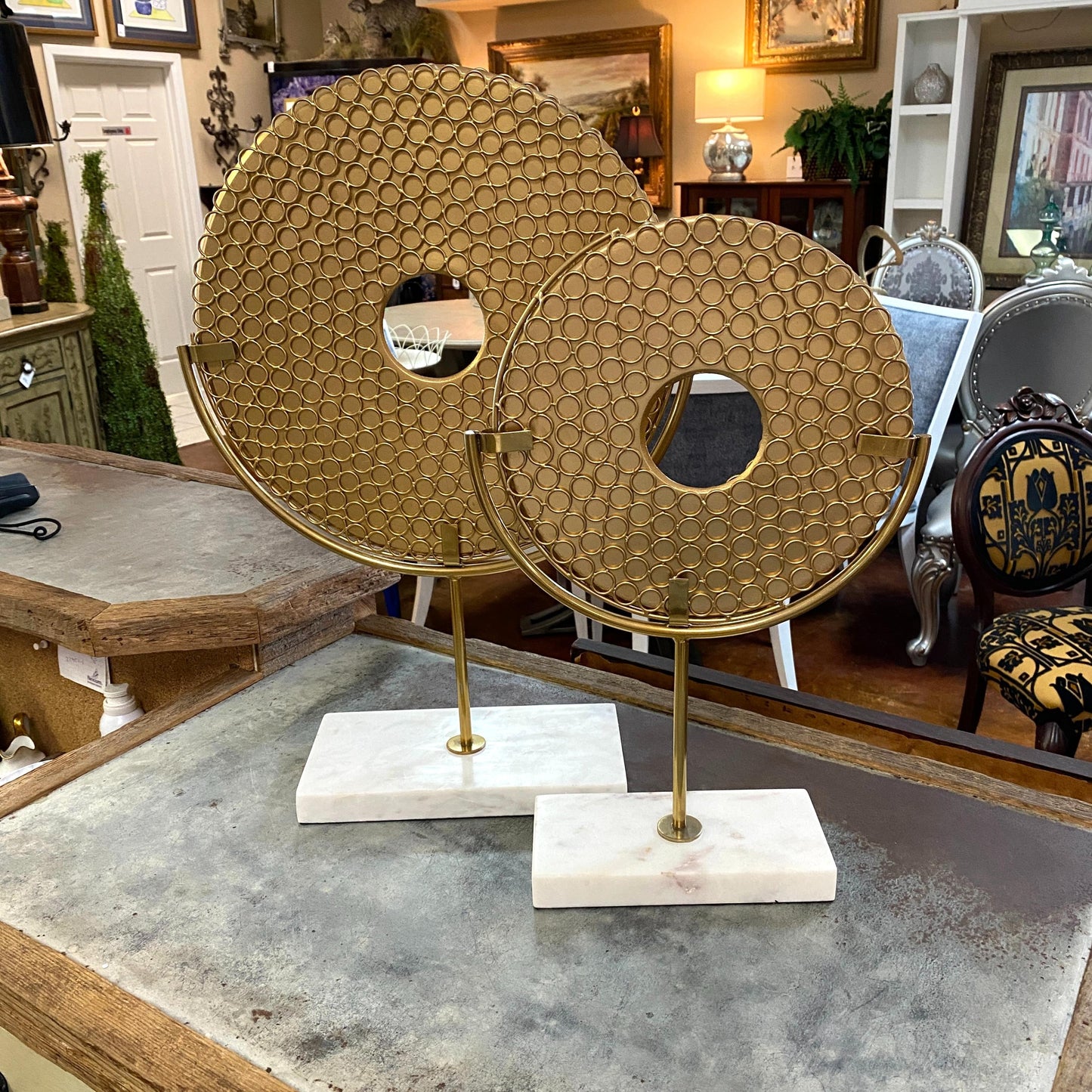 Pair of Decorative Gold/Marble Discs