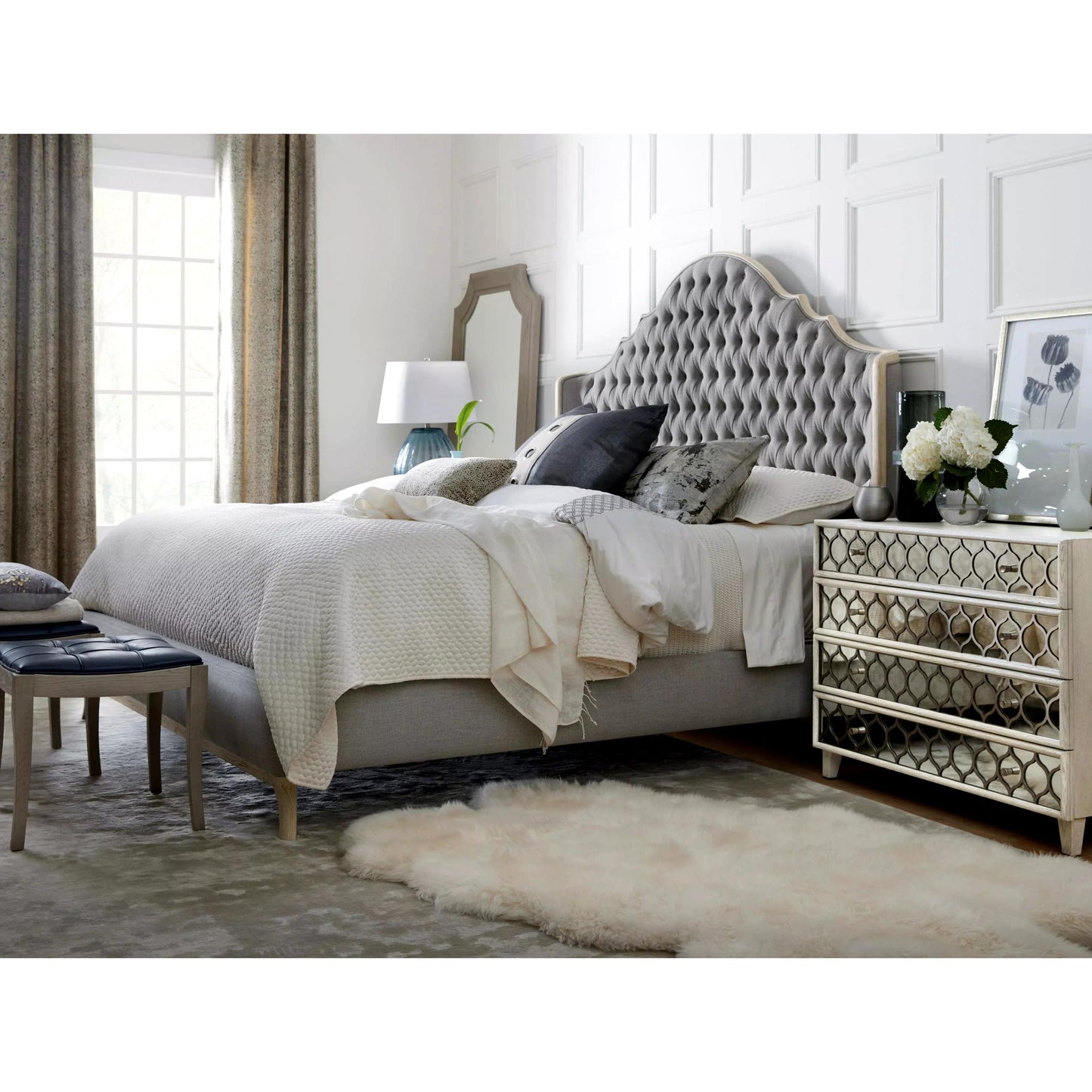 Reverie Upholstered Gray Tuffet King Bed