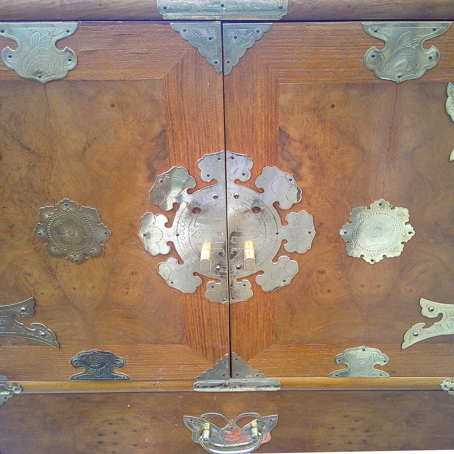 Vintage Chinoiserie Teak and Burl Brass Mounted Lingerie Chest