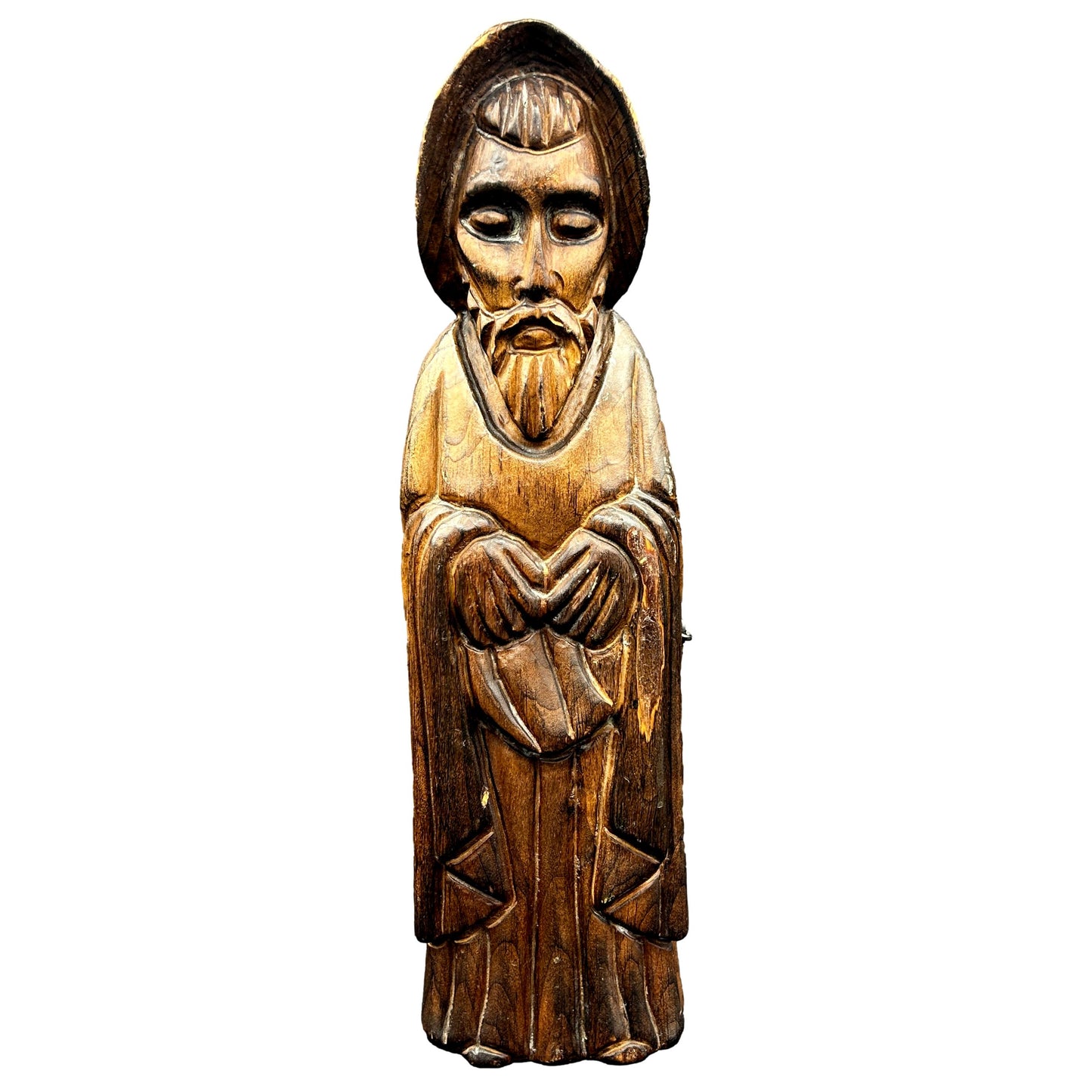 Vintage Hand Carved Wooden Monk Wine Bottle Safe