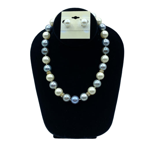 Faux Blue and White Pearl Necklace and Earring Set
