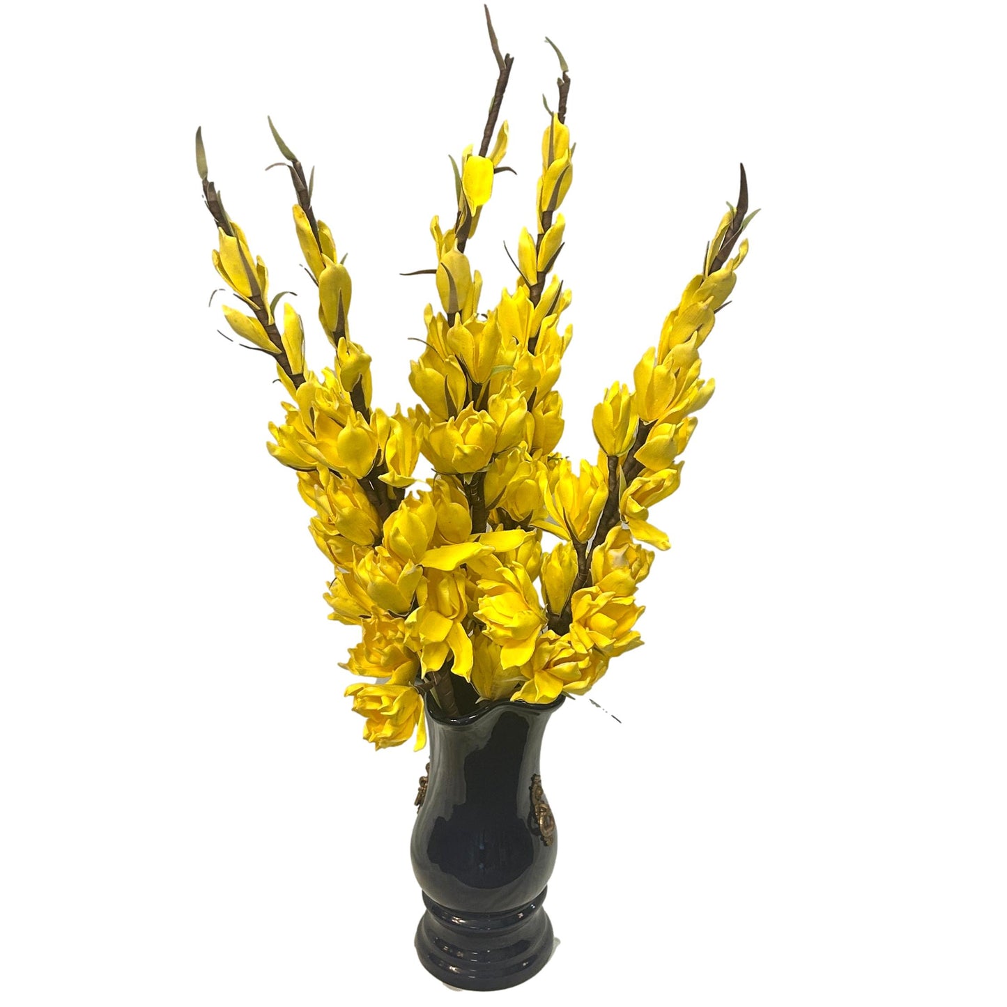 Yellow Floral Arrangement in Blue Ceramic Vase