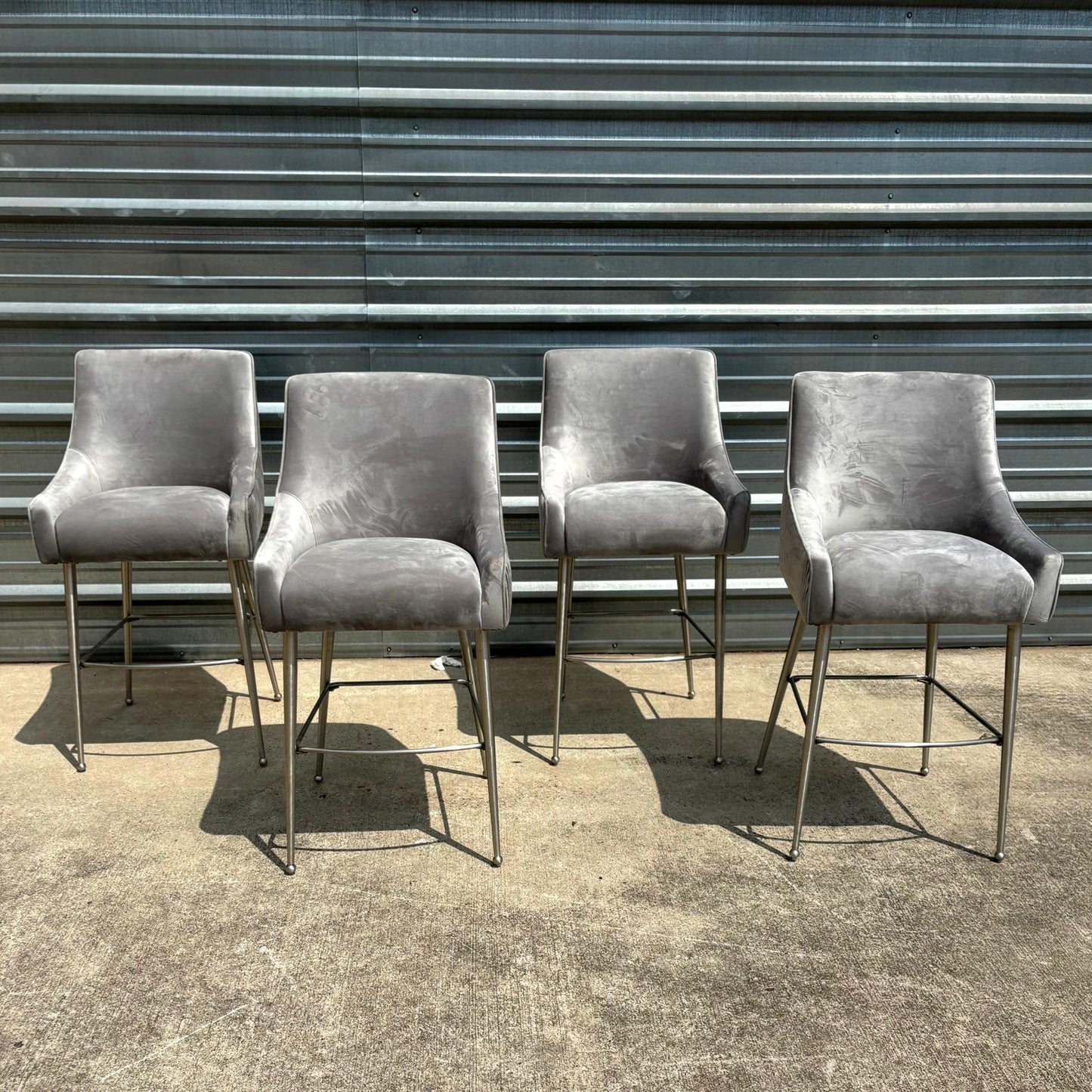 Set of 4 Pleated Light Gray Velvet Bar Stools