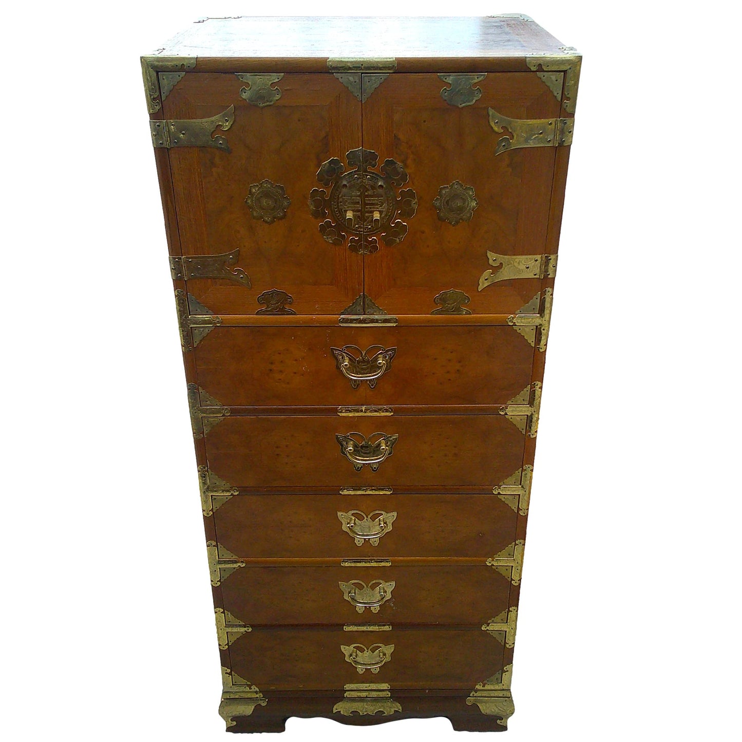 Vintage Chinoiserie Teak and Burl Brass Mounted Lingerie Chest