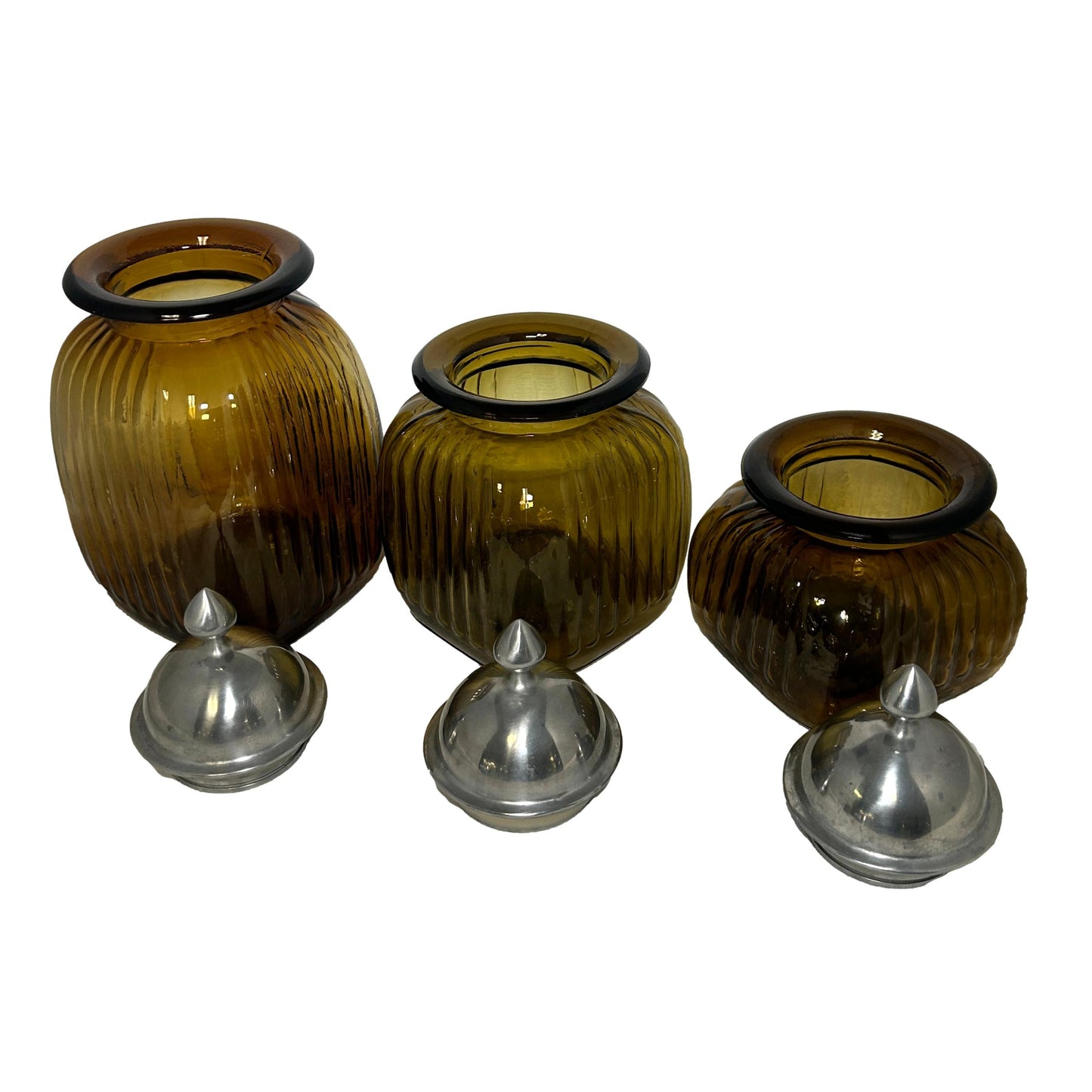 Set of 3 Amber/Pewter Jars