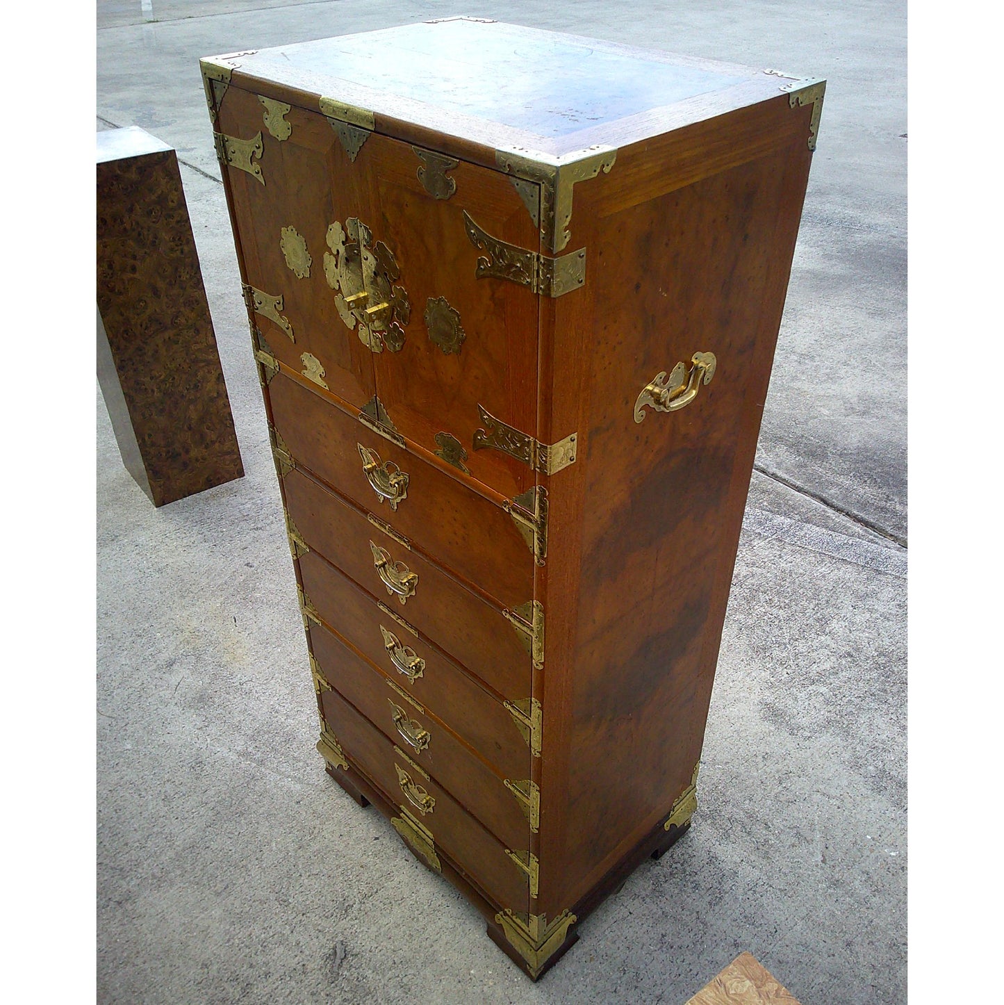 Vintage Chinoiserie Teak and Burl Brass Mounted Lingerie Chest