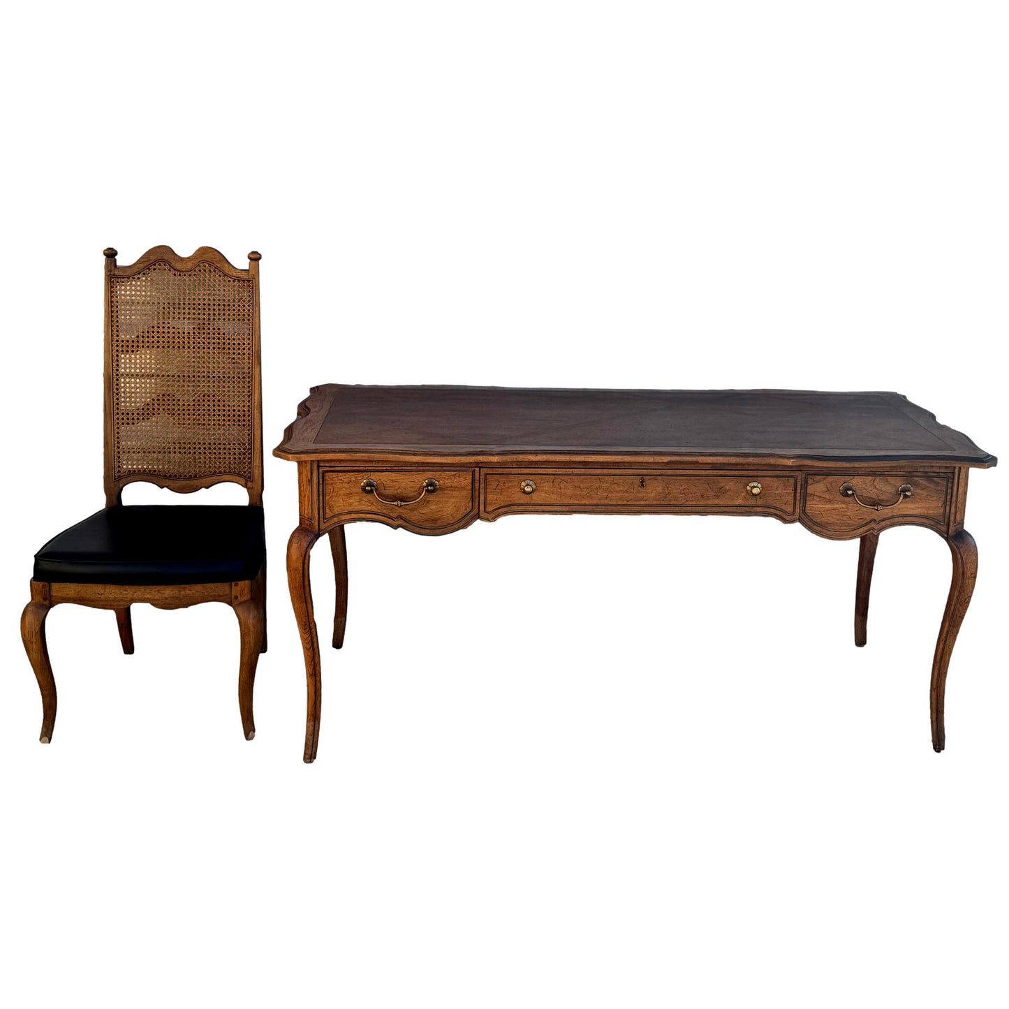 Tiger Oak  Desk W/ Rattan Back Leather Seat