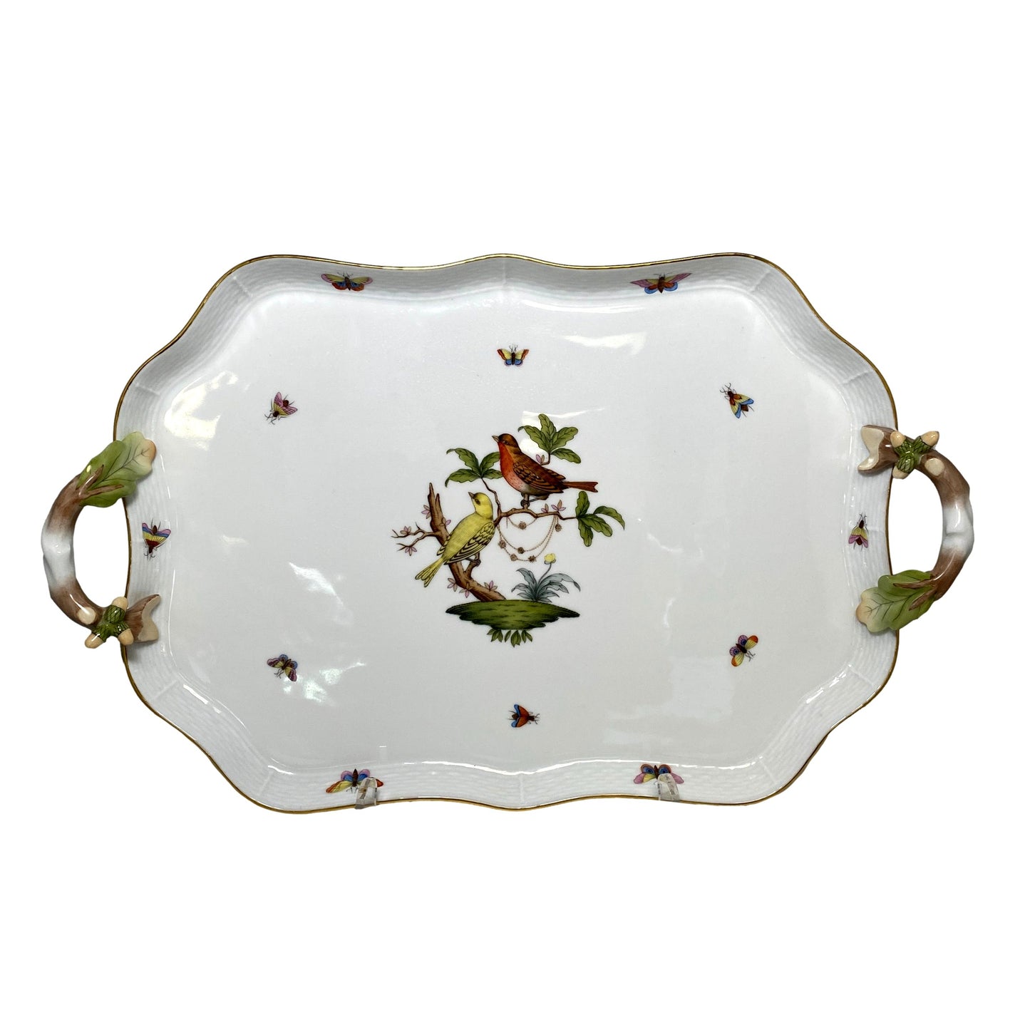 Herend Rothschild Bird Rectangular Tray with Branch Handles