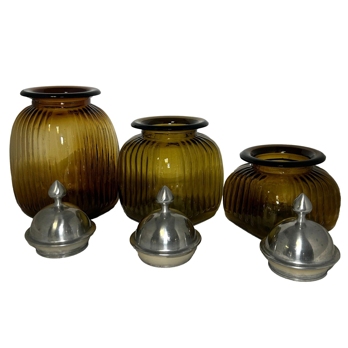 Set of 3 Amber/Pewter Jars