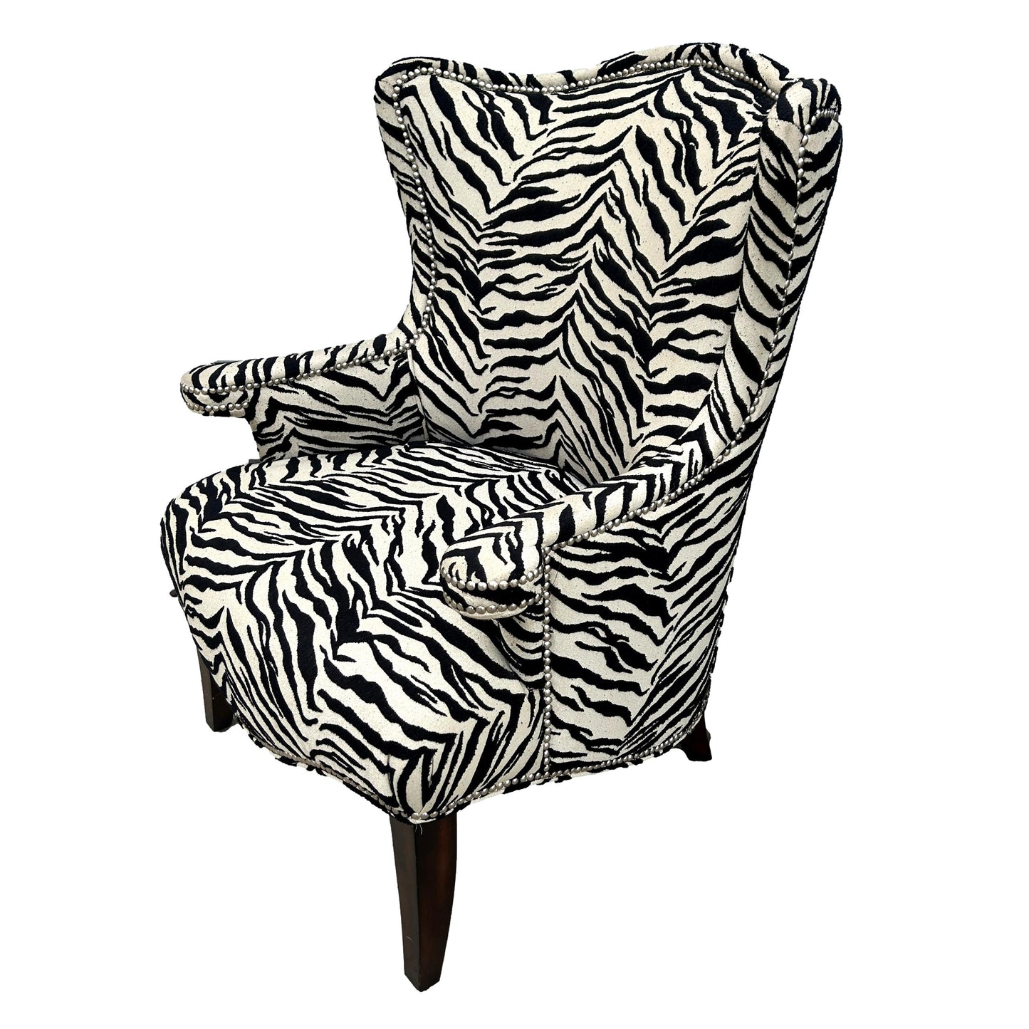 Pair of Zebra Wingback Chairs w/ Nailhead Accents