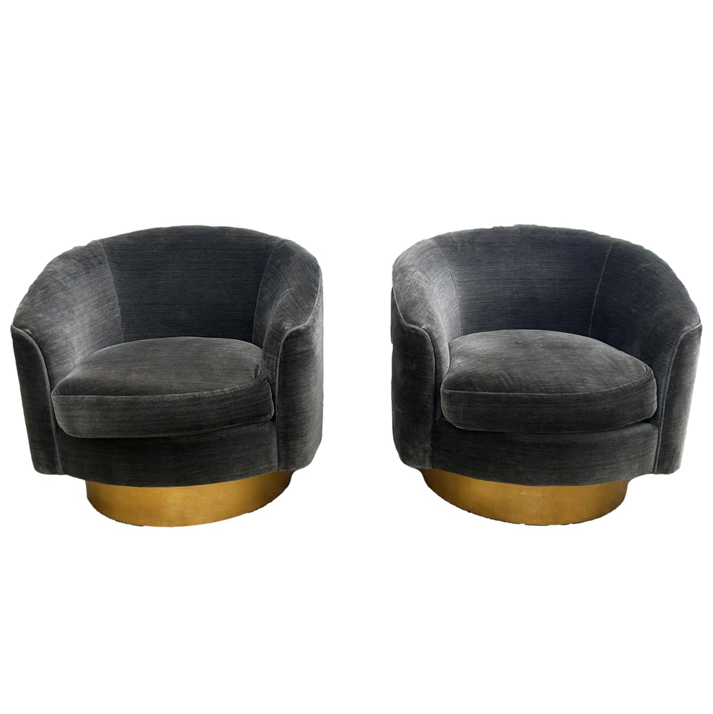 Pair of Gray Velvet Swivel Club Chairs