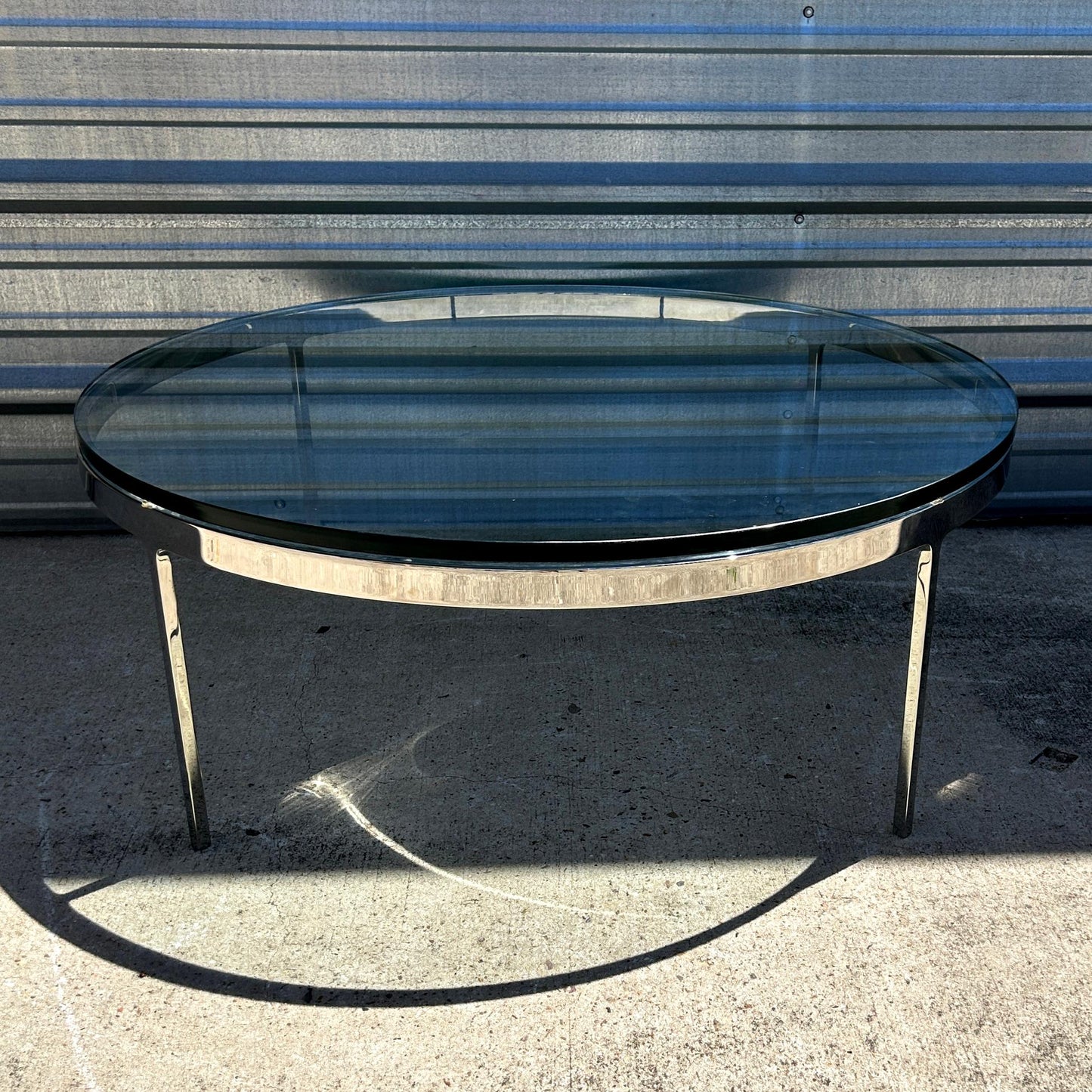 1970's Nicos Zographos Round Glass Coffee Table w/ Polished Stainless Steel Base