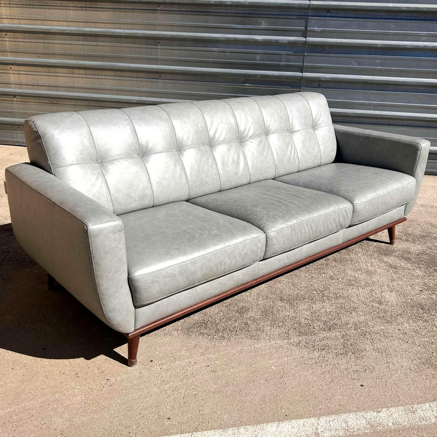 Mid-Century Modern Gray Leather Sofa