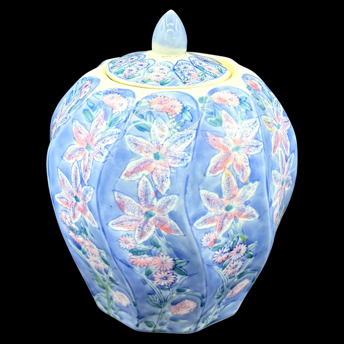 Ginger Jar Wave Pattern Blue And Pink Flowers