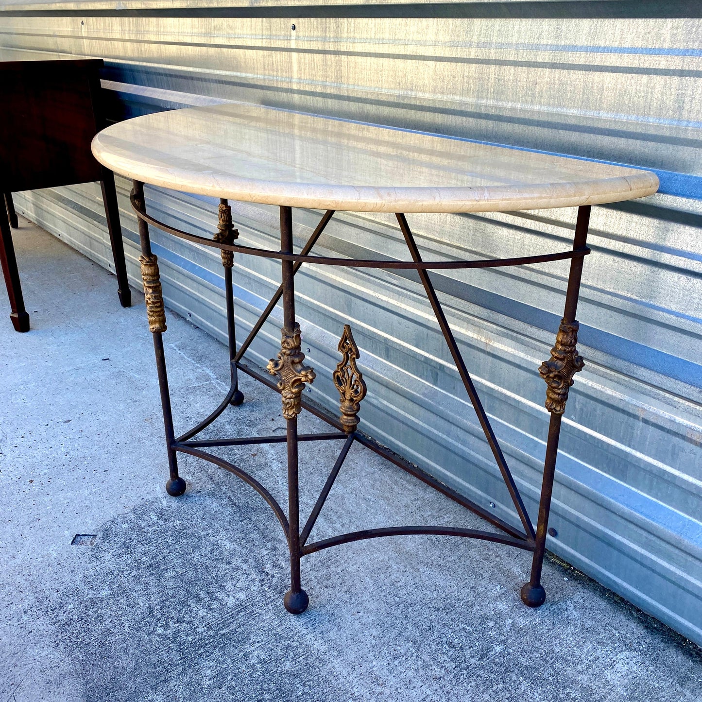 Iron and Stone Demilune Table