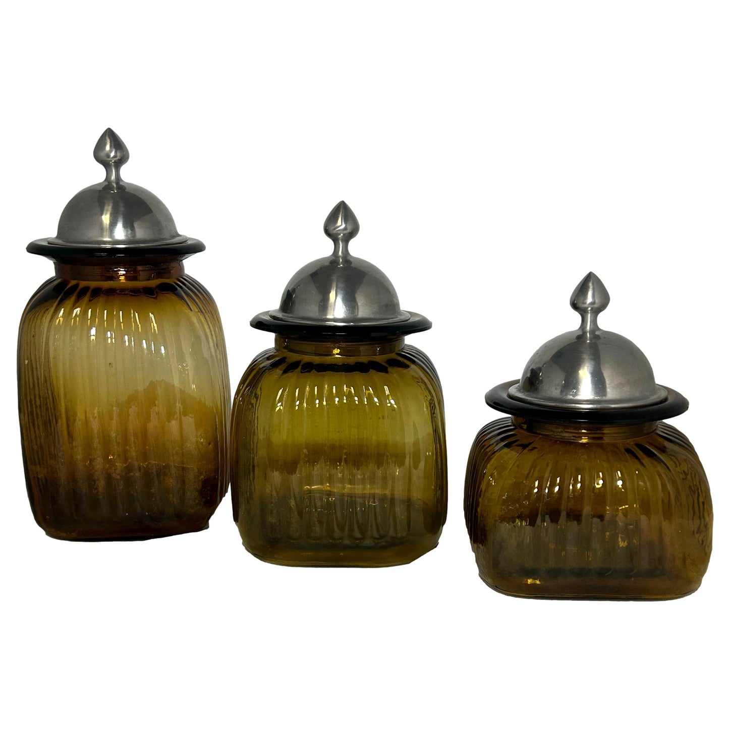 Set of 3 Amber/Pewter Jars