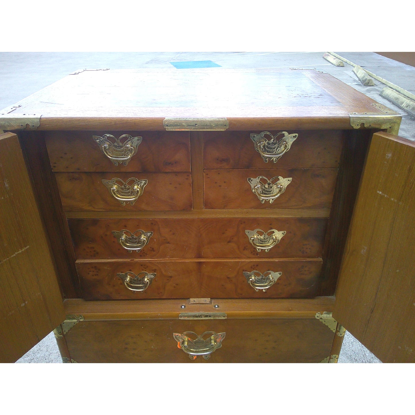 Vintage Chinoiserie Teak and Burl Brass Mounted Lingerie Chest