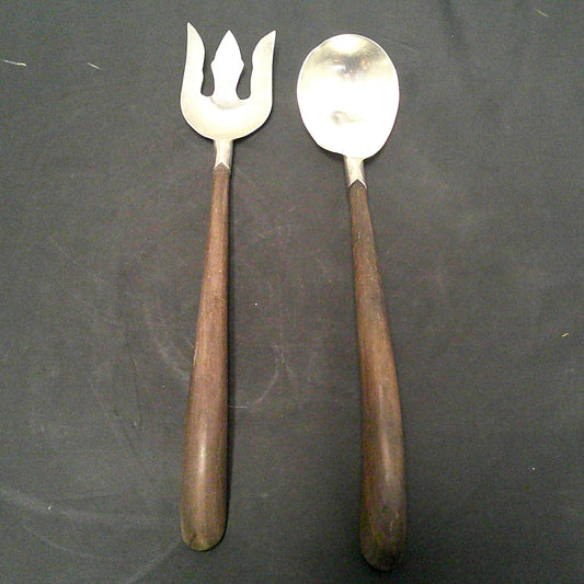 Vintage Mexican Sterling Silver and Wood Salad Serving Set