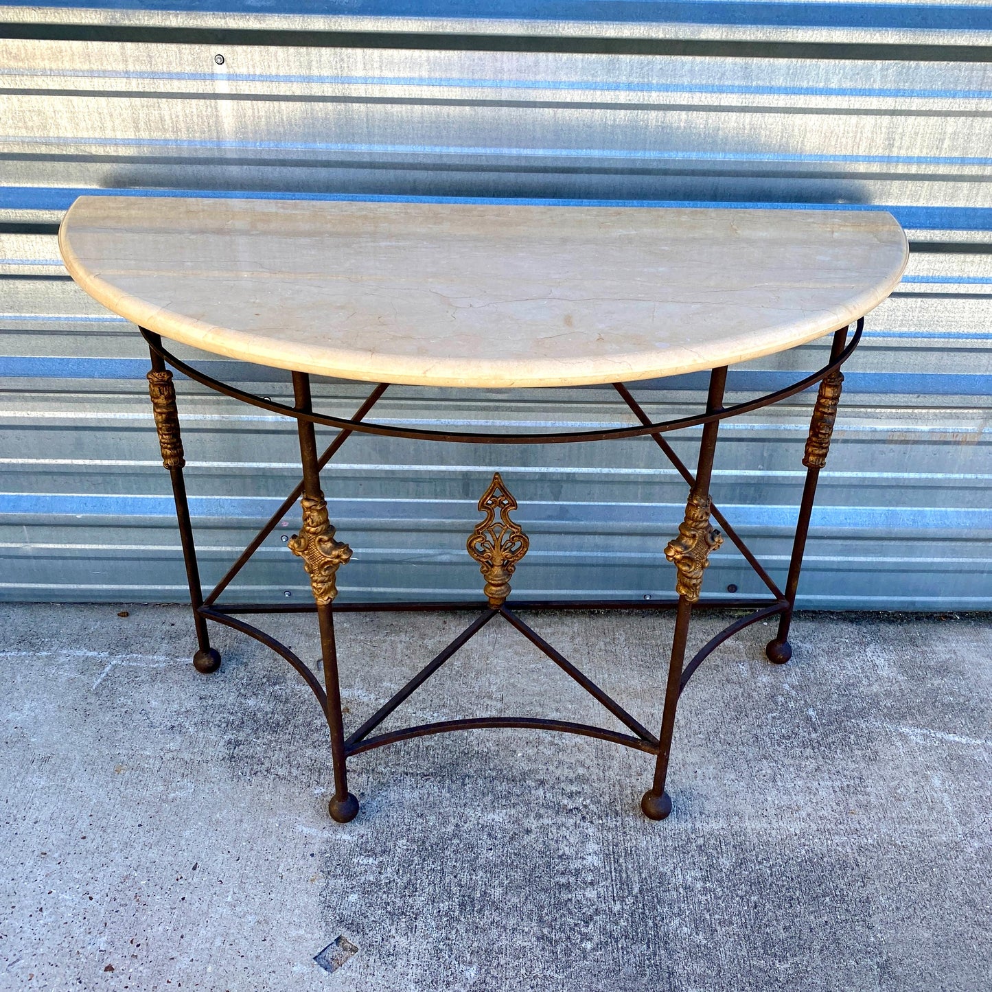 Iron and Stone Demilune Table
