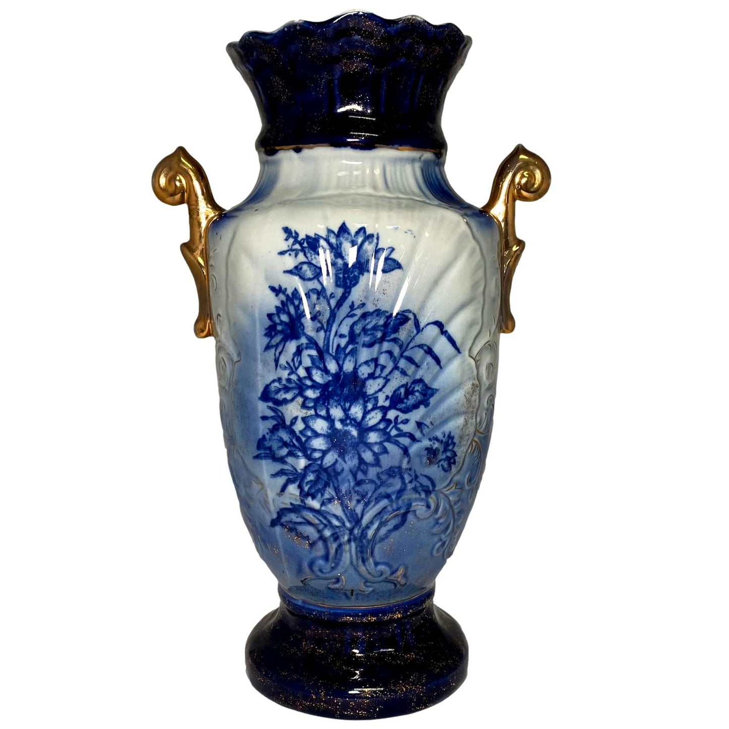 Flow Blue Vase W Gold Scrolls