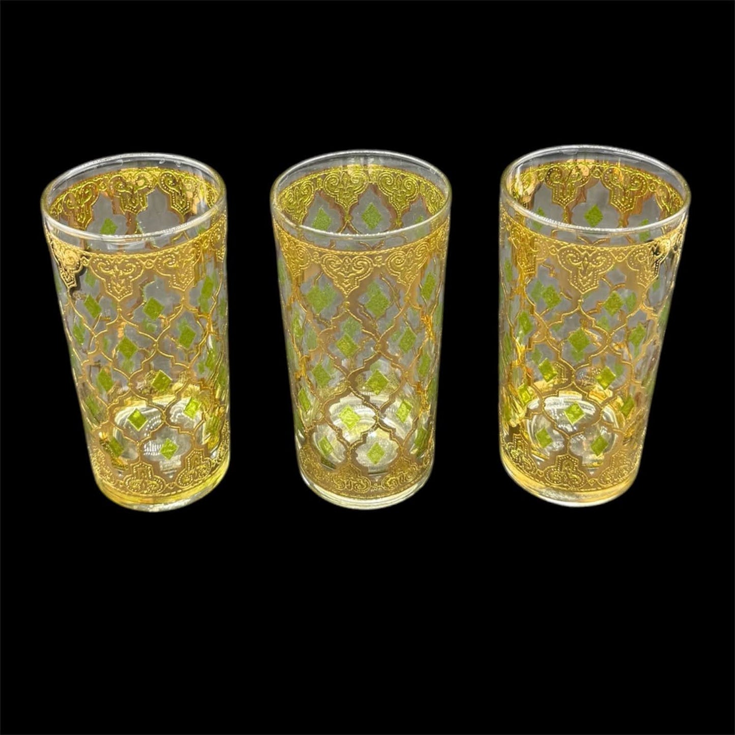 Set of 3 Vintage MCM Culver Valencia 22K Green & Diamond Highball Glasses