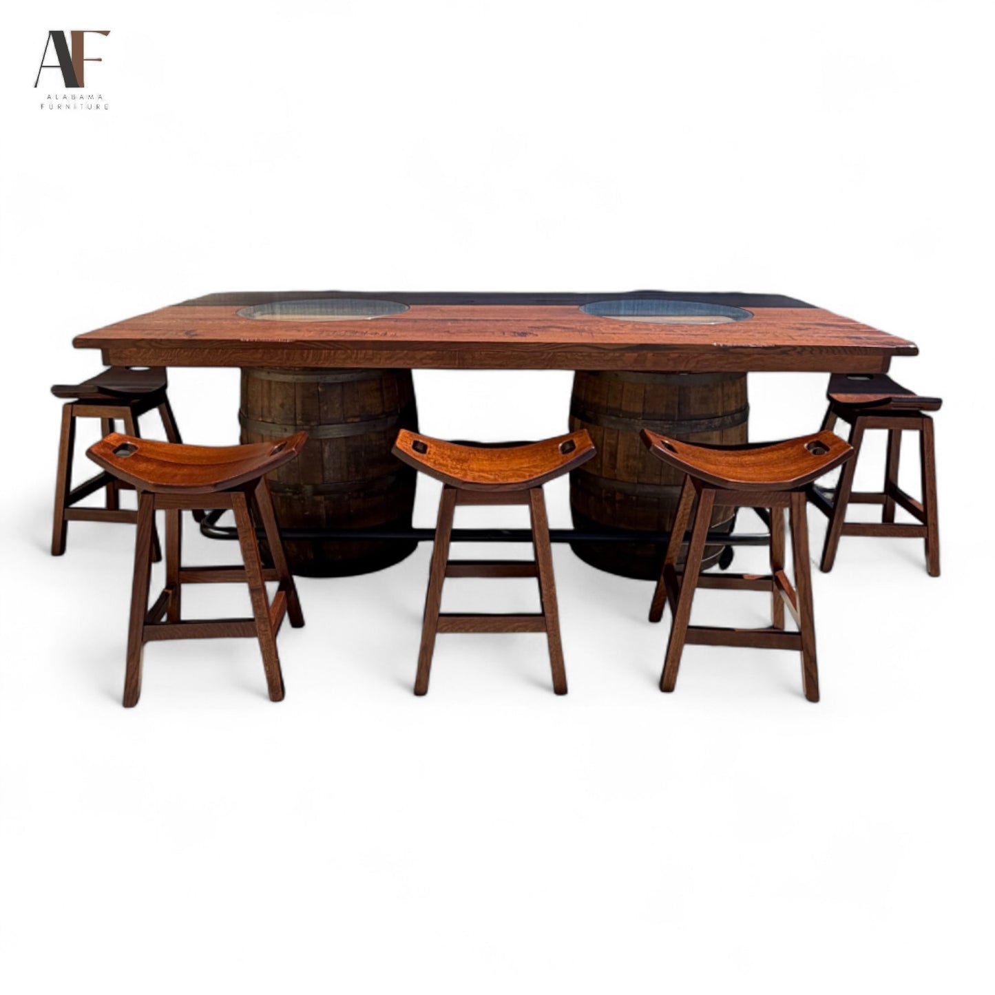 JIM BEAM TABLE W/ 8 COUNTER SWIVEL STOOLS