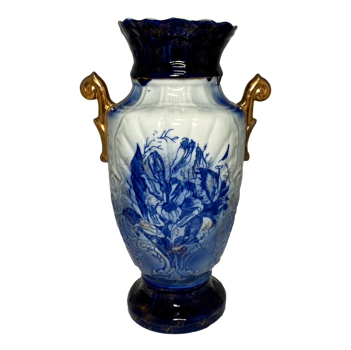 Flow Blue Vase W Gold Scrolls