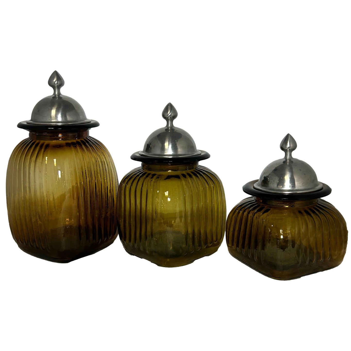 Set of 3 Amber/Pewter Jars