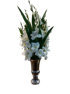 Tall White Gladiolas in Silver Urn