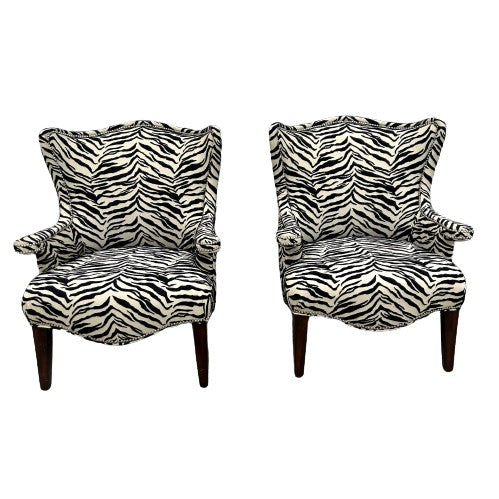 Pair of Zebra Wingback Chairs w/ Nailhead Accents