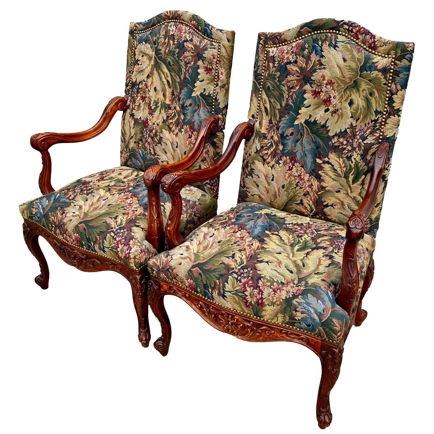 Pair of Tapestry Armchairs with Nailhead Trim