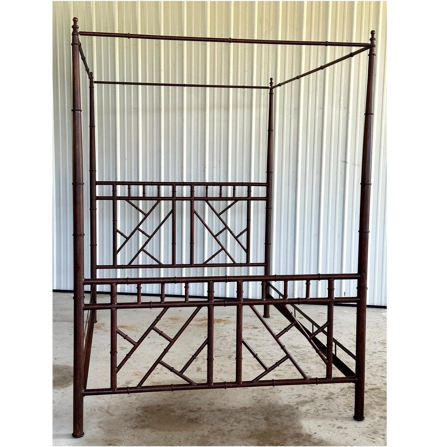 1980's Vintage Coastal Regency Faux Metal Bamboo Full Size Canopy Bed