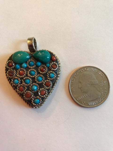 Heart shaped silver coral and turquoise pendant