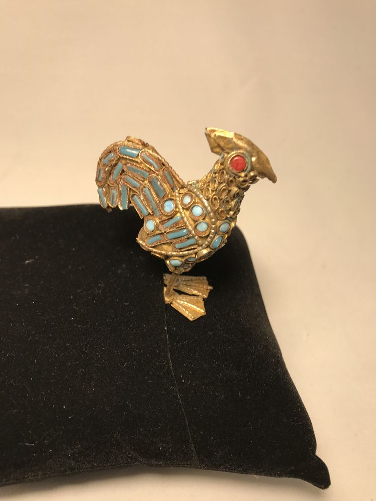 Rooster Brass and Turquoise Figurine