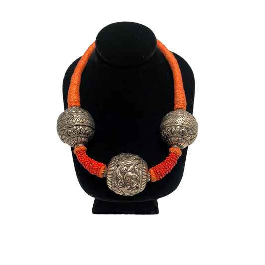 Orange Wrap & Beaded Necklace with Large Metal Beads