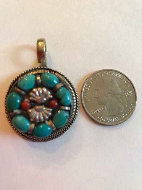 Genuine silver coral and turquoise pendant made in Nepal