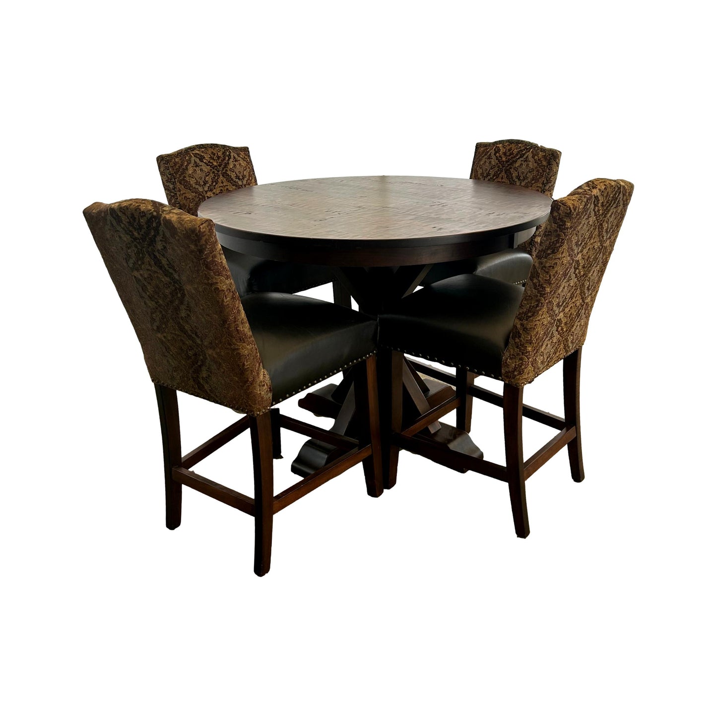 Round Bar Height Table With Bar Height Leather Seat Upholstered Chairs