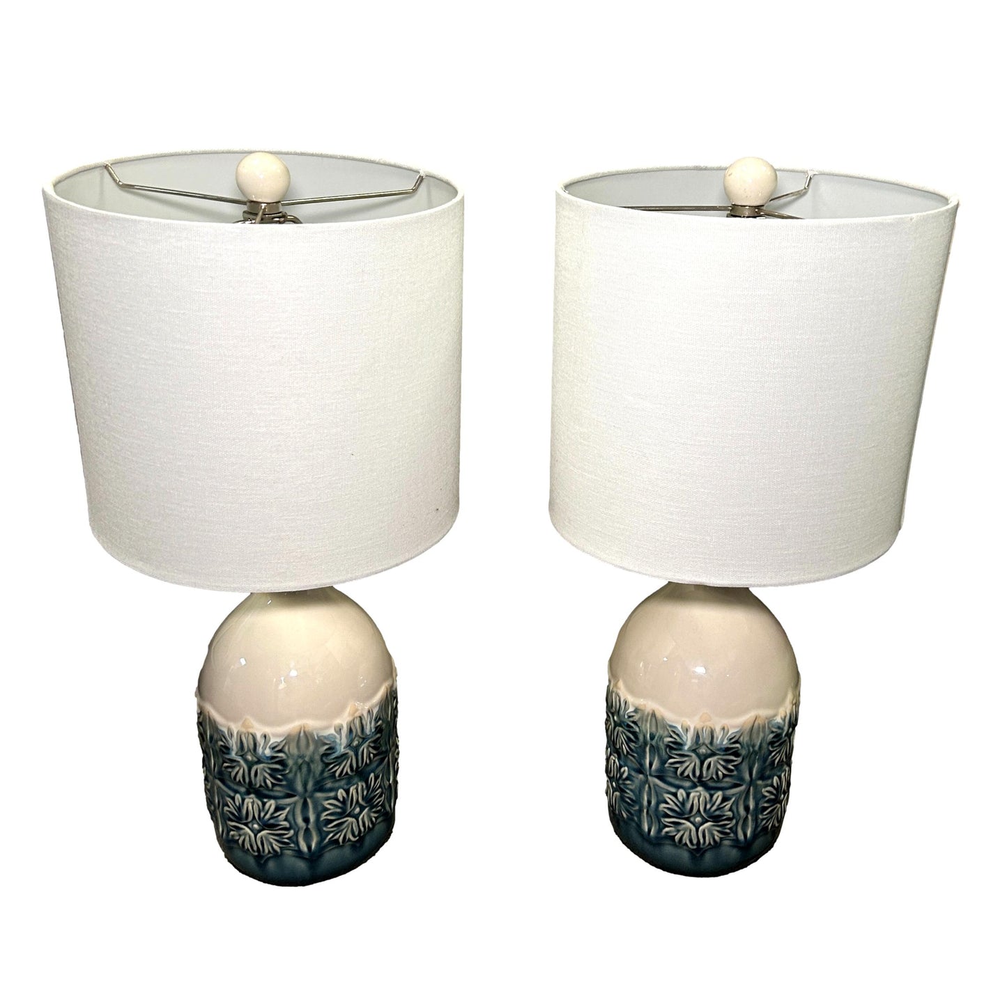 Pair Of White And Blue Ceramic Lamps