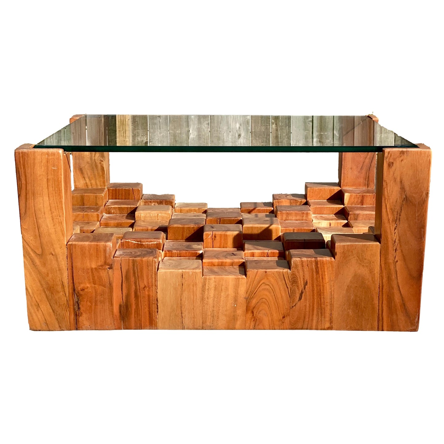 Wood Block Coffee Table w/ Glass Top