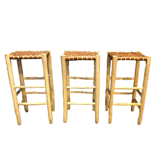 Set of 3 Woven Leather Counter High Stools