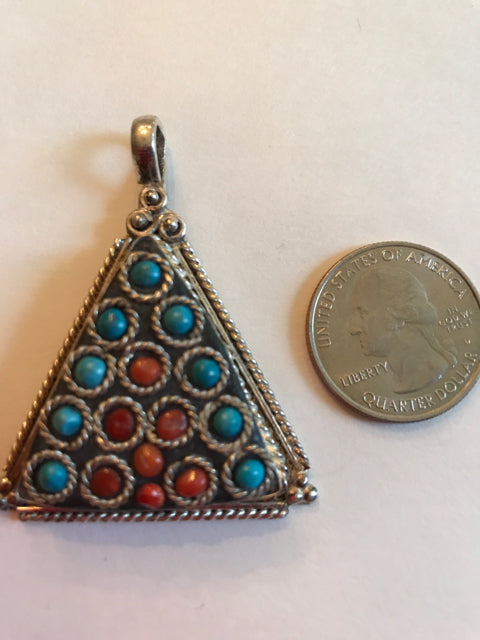 Turquoise coral and silver pendant made in Nepal