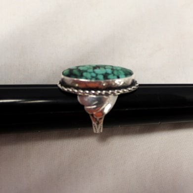 Sterling and Green Spiderweb Turquoise Oval Ring