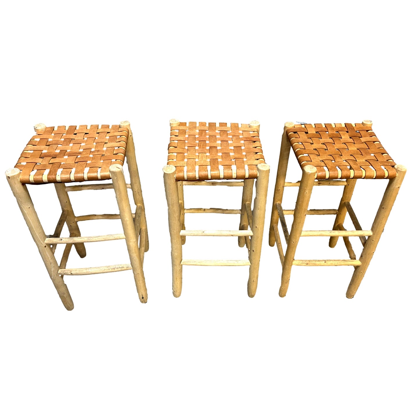 Set of 3 Woven Leather Counter High Stools