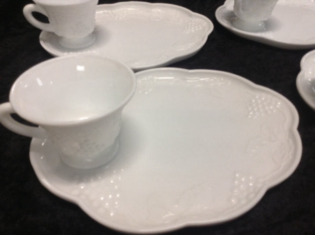 Milk Glass - Snack Plate w/ Cup - Set of 4