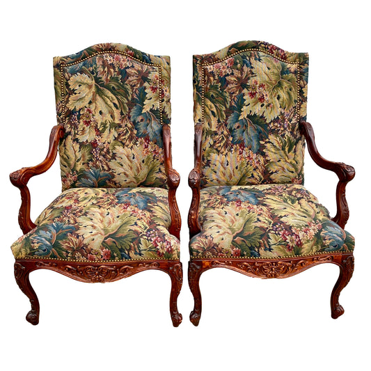 Pair of Tapestry Armchairs with Nailhead Trim